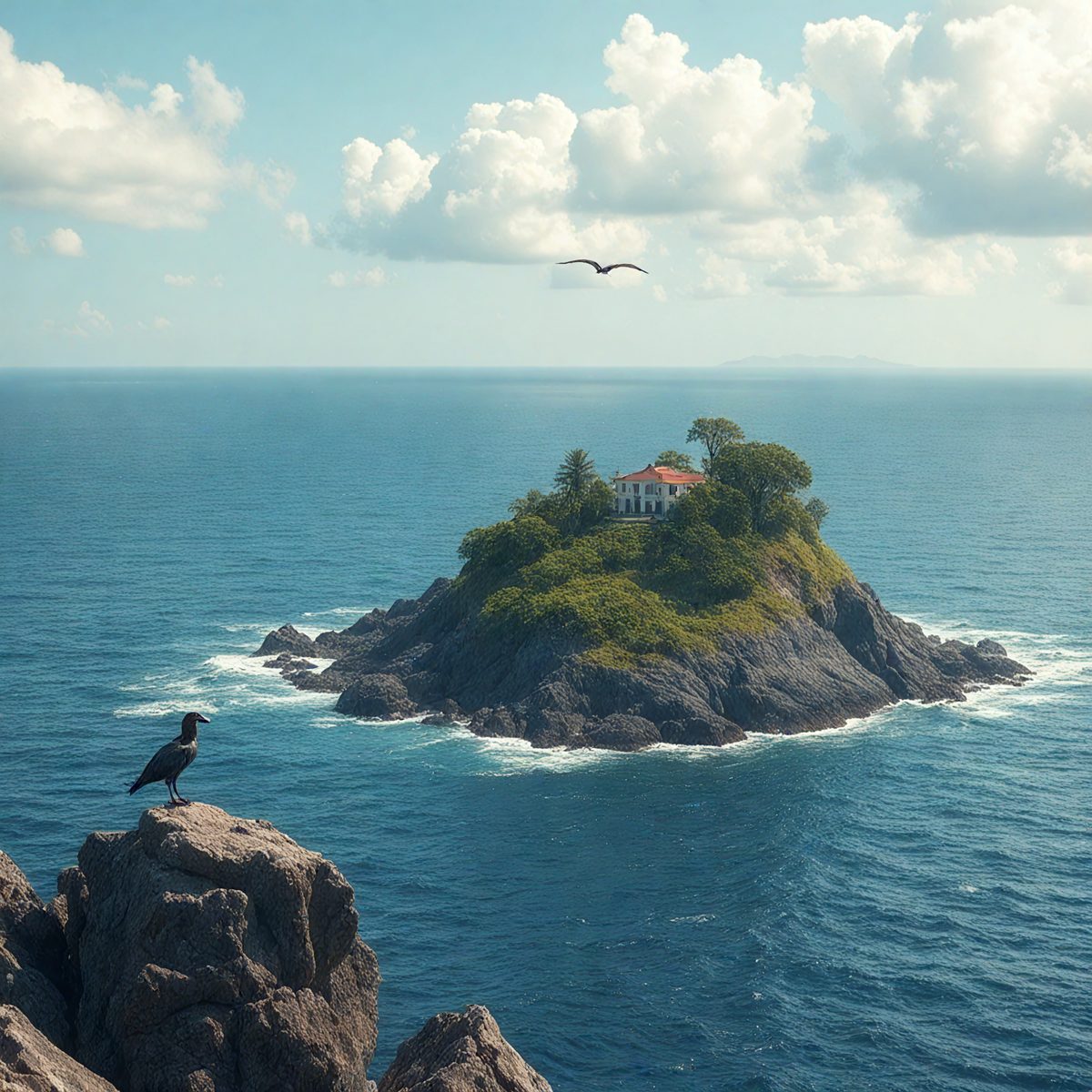 The primary subject of the image is a bird perched on a rock, overlooking a small island in the ocean. The island is surrounded by water, and there is a house on top of it. The setting is a serene ocean environment, with the bird being the focal point of the scene. The visual style is a combination of photo and digital art, creating a realistic yet artistic representation of the bird and the island. The colors and mood of the image are predominantly blue and calm, reflecting the tranquility of the ocean and the bird's peaceful presence on the rock.